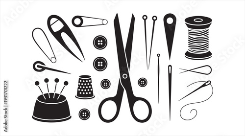Tailoring tools icon pack sewing accessories symbols black vector set isolated on white background