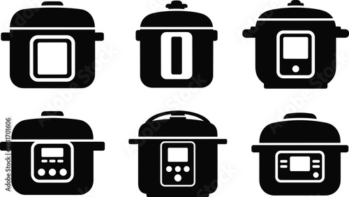 Multi Cooker and Electric Pressure Cooker Icon Set with Smart Kitchen Appliance Silhouette for Home Cooking and Modern Household Design.