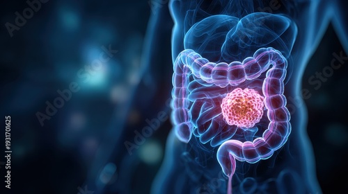 Medical illustration of colorectal cancer or tumor in the human colon, 3D anatomical visualization of digestive system disease