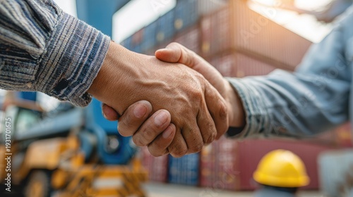 Two workers shaking hands in a shipping yard