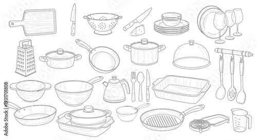kitchen utensils and cookware set hand-drawn in a monochrome sketch style ideal for culinary and food preparation concepts.