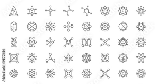 set of scientific line art icons illustrating chemistry physics and molecular structures ideal for modern research and education.