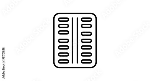 simple black line icon of a blister pack with two columns of oval compartments on a white background representing medicine or pills.