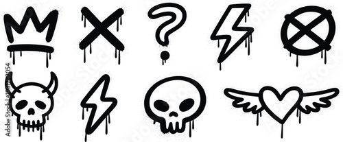 Black Graffiti Street Art Icon Set Featuring Skull Crown Lightning Bolt Heart With Wings And Cross Symbols Isolated On White