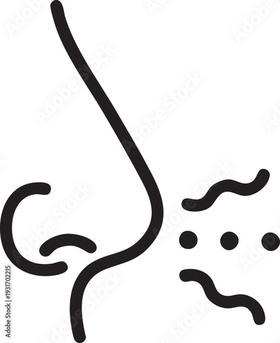 Simple illustration of a nose and face emitting fragrance from its nostrils on a white background viewed from the side