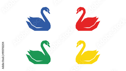 Colorful swans in stylized graphic design with four distinct colors