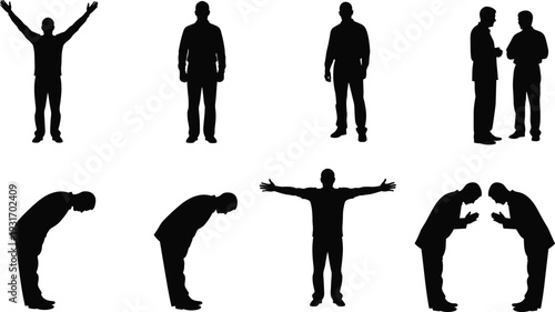 Black silhouettes of men in various poses, bowing in respect and celebrating with arms raised, isolated on white background, icons