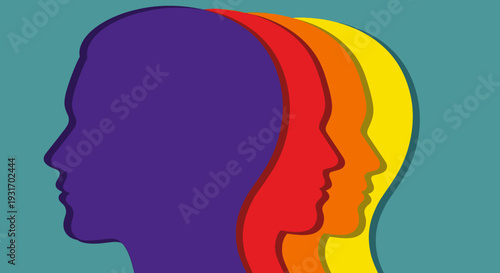 Diverse colorful human head profiles representing community and individuality on a teal background