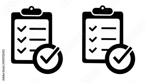 Vector illustration of clipboard with checklist. Clipboard icon with checkmarks and a large check circle, symbolizing completed tasks, survey, or quality control
