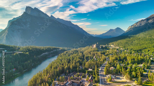 Photos Aerial view of Banff Mountains at summer sunset