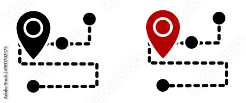 Dotted route map icons with location pin markers and waypoints, symbolizing travel, logistics, navigation, and directional tracking concepts