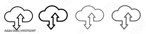 Vector set of cloud computing icons featuring upload and download arrows, perfect for data transfer and storage technology concepts. Download and uploud icon set