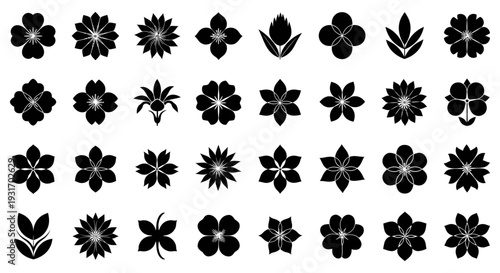 minimalist black and white flower icons set for graphic design a versatile collection of floral and plant silhouettes