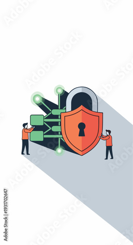 Cybersecurity concept with a shield and lock, protected data network and tiny people, digital security illustration