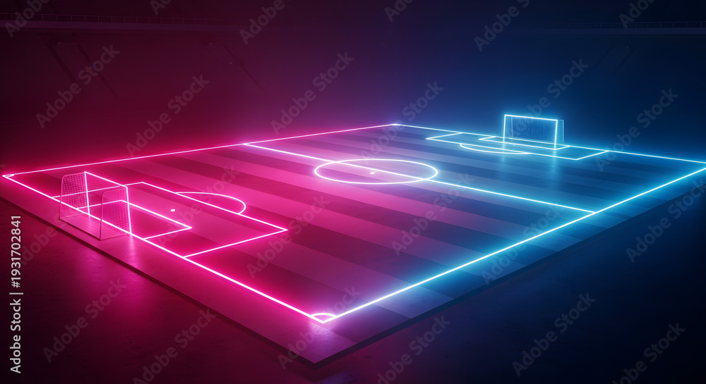 Fototapeta premium Neon soccer field with pink and blue glowing outlines in dark room