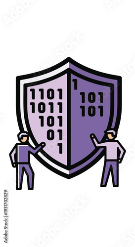 Two people standing on either side of a shield with binary code, representing data security and protection