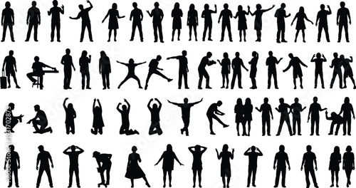 Large collection of black human silhouettes in various poses, people standing and sitting and gesturing icons isolated on white background,