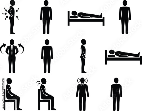 Black and white vector icons showing human body posture for back pain, spinal health, ergonomics in sitting, standing, and sleeping positions for medical healthcare design