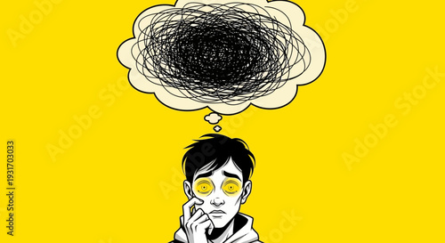 Anxious young man feeling overwhelmed with tangled thoughts and mental stress on a bright yellow background