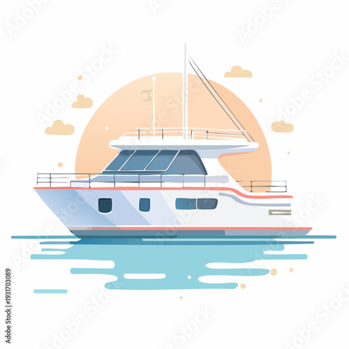 Sleek yacht gracefully sails on calm waters at sunset, representing opulent sea adventures and serene relaxation