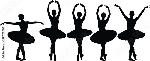 Black silhouettes of ballerina dancers in tutus and happy woman celebrating, representing dance, grace, freedom, feminine empowerment, and artistic performance.