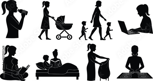 Black Silhouette Set of a Busy Mother Daily Routine Activities Including Working on Laptop, Cooking, Walking Children, Reading Bedtime Stories, and Household Chores