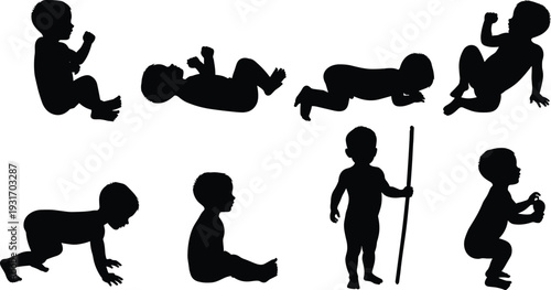 Black silhouette set of baby developmental milestones including newborn lying, crawling, sitting, and toddler standing icons isolated on white background for childhood growth concepts.