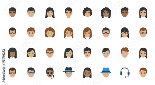 Diverse cartoon faces and avatars.