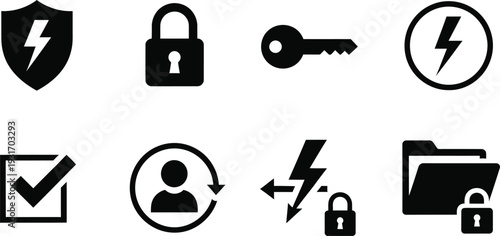 Security Icons Set with Lightning Bolt and Lock Symbols