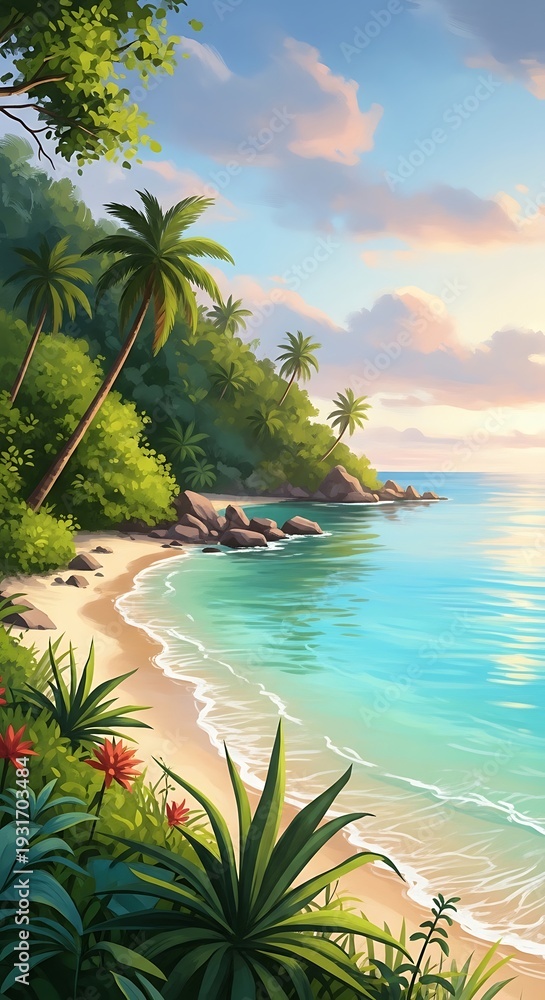 Fototapeta premium Tropical Paradise Beach Scene with Palm Trees and Turquoise Water.