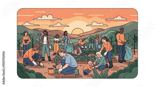 Community Volunteers Planting Trees Together at Sunset