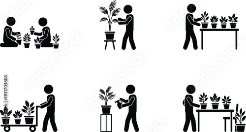Black stick figure icons set showing people gardening planting potting seedlings watering indoor plants nursery workers and plant shop maintenance activities on white background