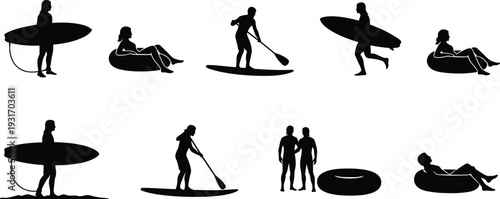 Black silhouettes of people enjoying water sports activities including surfing with surfboards stand up paddleboarding on SUP boards and relaxing on inflatable inner tubes