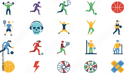 Sports Activity Icon Set with Running Tennis Basketball Weightlifting Jumping Fitness Training Athletes and Energy Symbols Collection.