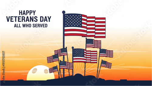 Flags waving in the wind at sunset on a memorial hill honoring veterans with pride and respect