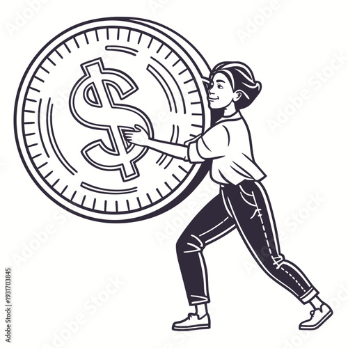 Person pushing large dollar coin finance woman human