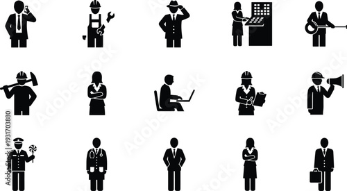 Collection of professional black and white occupation icons featuring diverse business people, construction workers, medical staff, and industrial employees for corporate career recruitment concepts