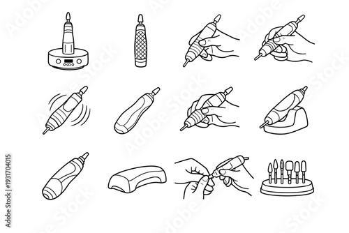 Icons clean outline design rubberized secure cordless reduction refined drill ergonomic icon