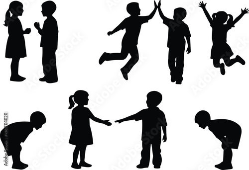  Black silhouette collection of children playing, kids jumping high five and shaking hands, childhood friendship and social interaction vector icons.