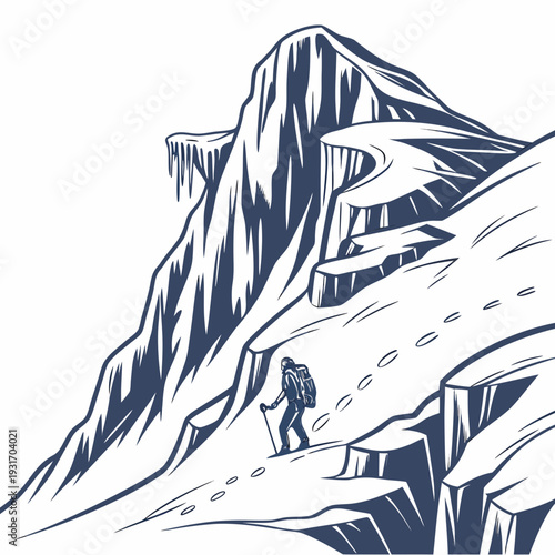 Blue of a hiker on a steep snowy mountain cliff backpack