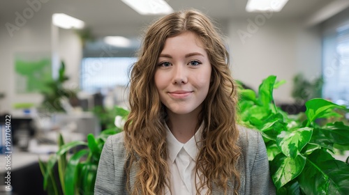 A photo of a woman wearing business attire, smiling at the camera: standing next to a green plant in front of a white wall, with a blurred background.