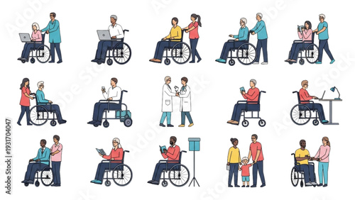 People with disabilities in various situations, some assisted by caregivers