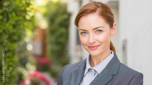 A photo of a woman wearing business attire, smiling at the camera: standing next to a green plant in front of a white wall, with a blurred background.