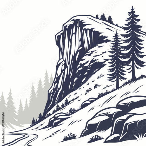 Snow covered cliff formation with trees and road rock formation