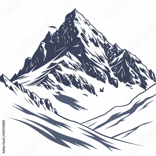 Snow covered mountain summit with birds flying realistic