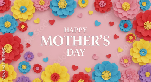 Colorful flowers with Happy Mother's Day text on pink background.
