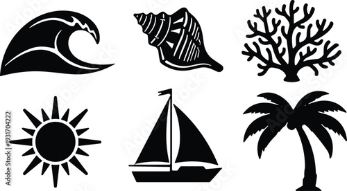 Black silhouette collection of construction workers, marine life sea creatures, coral reef plants, fitness athletes, and people celebrating with banner,