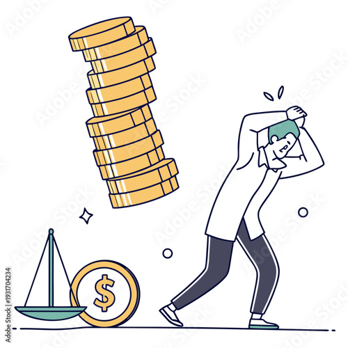 Man overwhelmed by falling coins financial burden stress