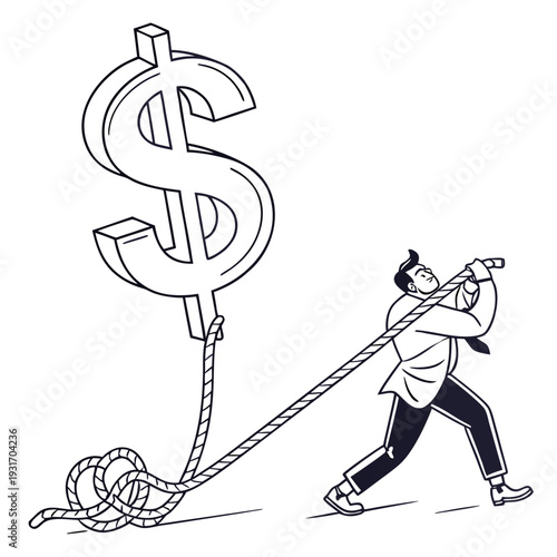 Man pulling rope tied to giant dollar sign business