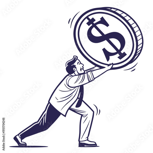 Man pushing large coin with dollar sign lifting 1